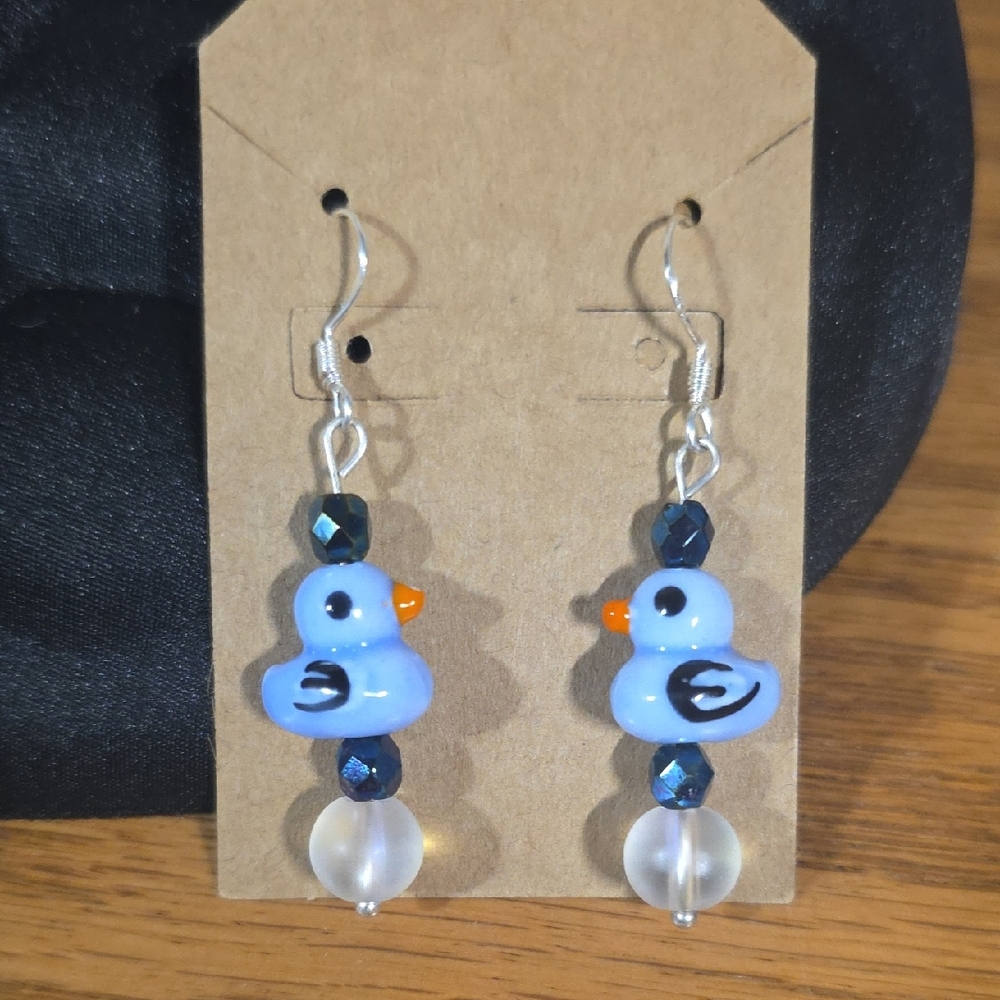 Handmade Blue Duck Glass Bead Earrings .925 Sterling